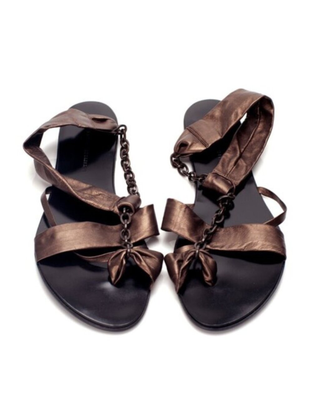 New Metallic Genuine Leather & Metal Chain Flat Sandals NYC Designer Handmade